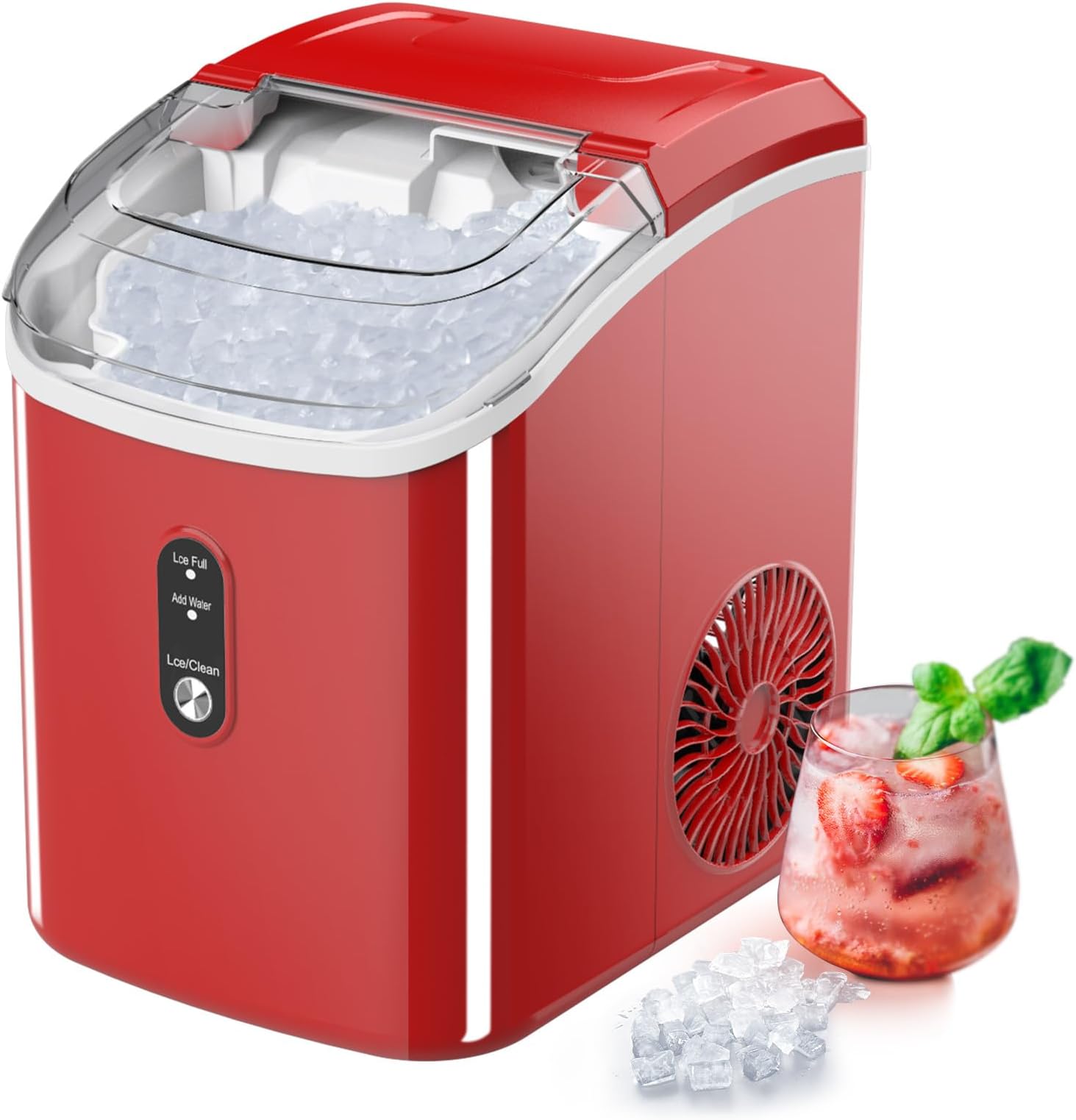 Nugget Countertop Ice Maker with Soft Chewable Pellet Ice, Pebble Portable Ice Machine, 34lbs Per Day, Self-Cleaning, Sonic Ice, One-Click Operation, Ice Scoop for Home Bar Camping RV(Red)