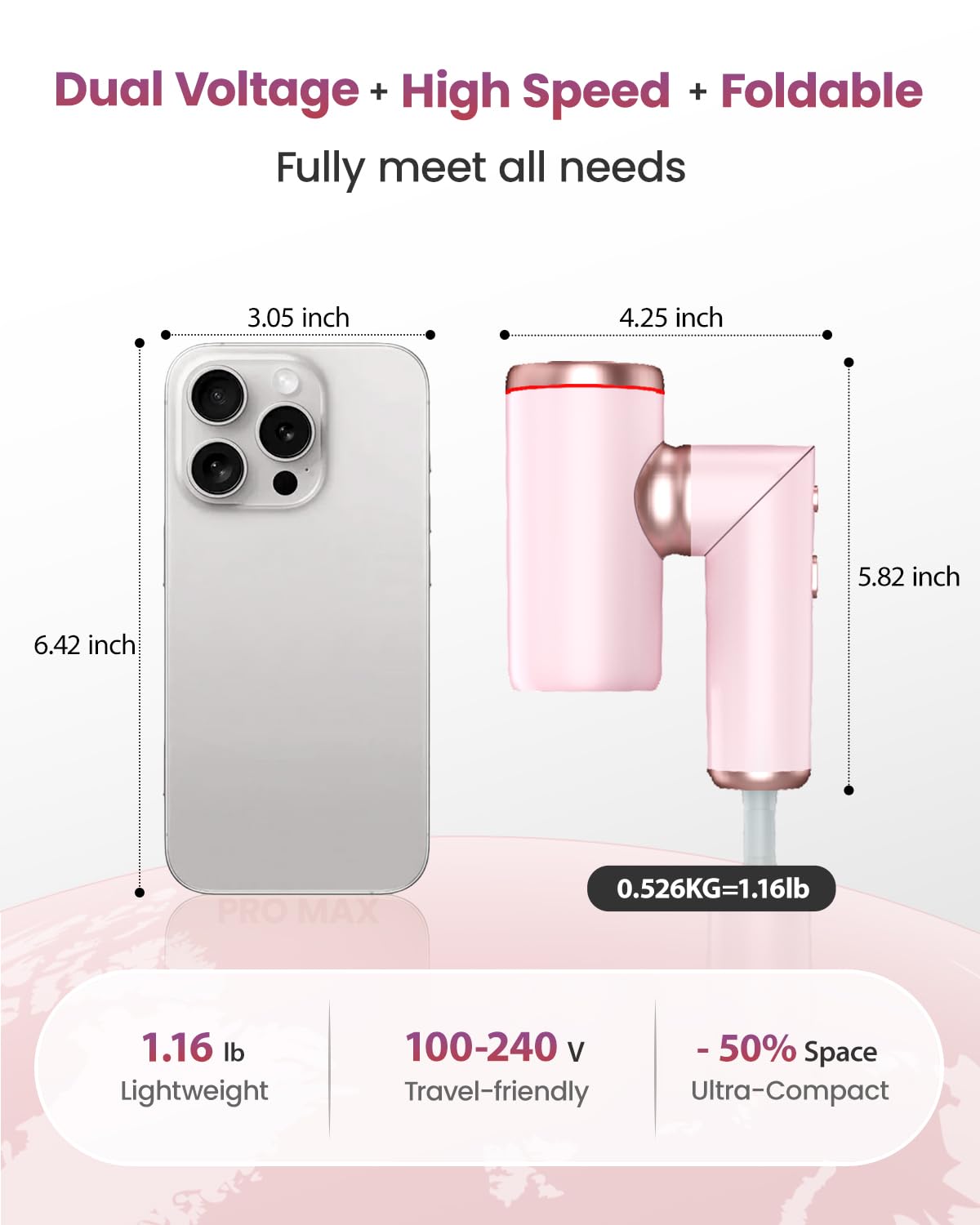 Secador de pelo de viaje de doble voltaje con difusor para secado rápido, secador iónico de alta velocidad plegable para Europa, secadores portátiles con boquillas magnéticas, 1300 W, 100-240 V, rosa