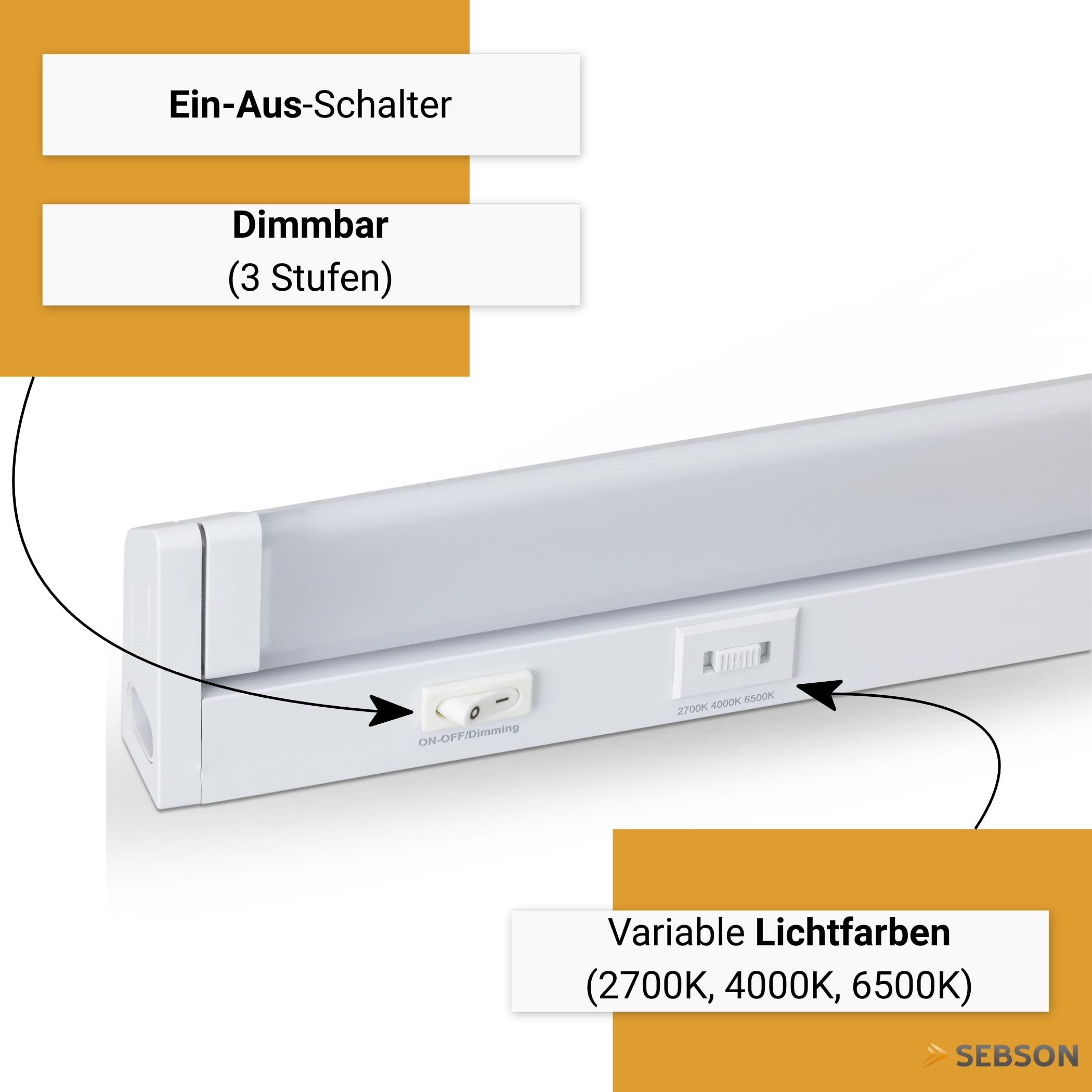 SEBSON LED Unterbauleuchte Küche 110cm, dimmbar, 3 Lichtfarben | 2700K/4000K/6500K, schwenkbar, Schalter & Stecker 230V, Lichtleiste verlängerbar