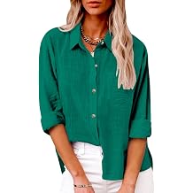 Linen Shirts for Women Summer Long Sleeve Lapel Button Down Shirt Lightweight Gauze Tops Loose Casual Blouses