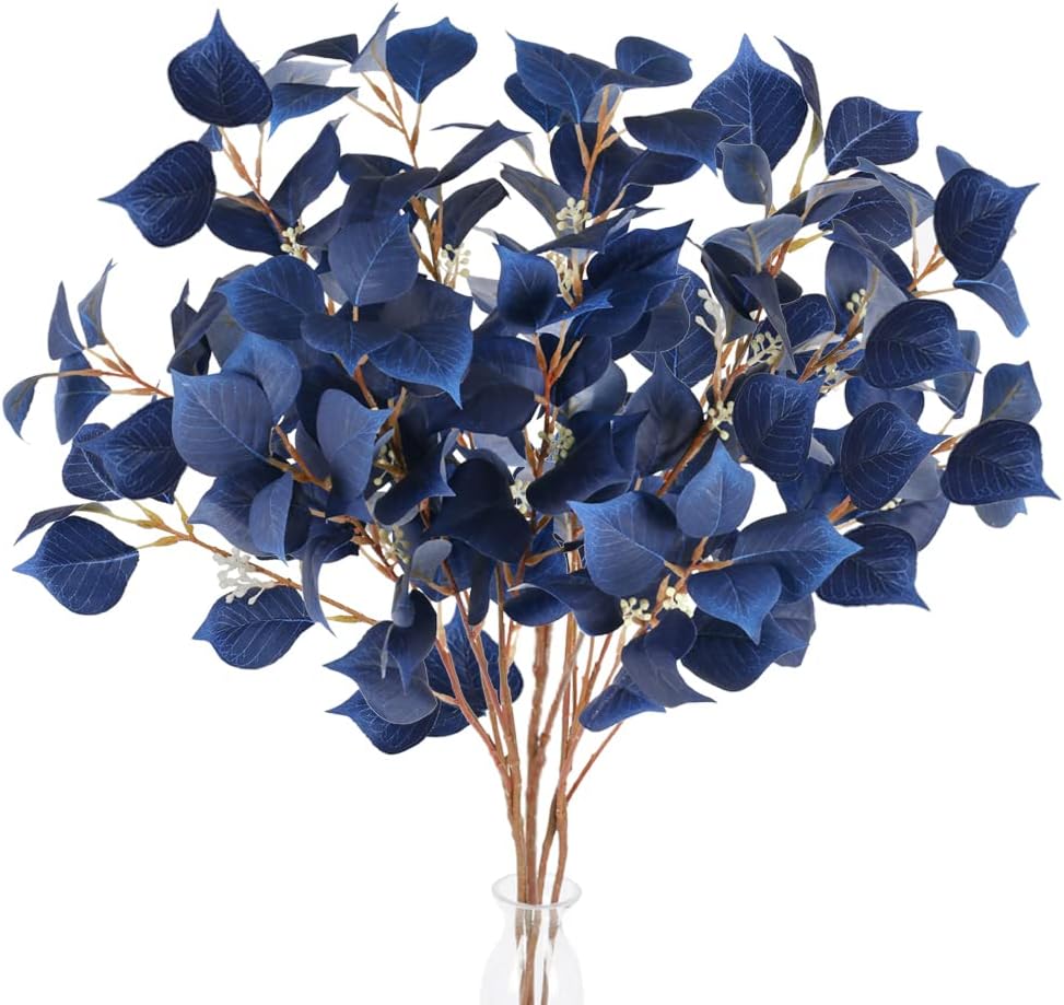 AILANDA 4PCS 31.5" Artificial Eucalyptus Stems Blue Long Eucalyptus Leaf Spray Fake Greenery Stems Branches Seeds Silver Dollar Eucalyptus Plants for Vase Home Wedding Floral Arrangement Table Decor