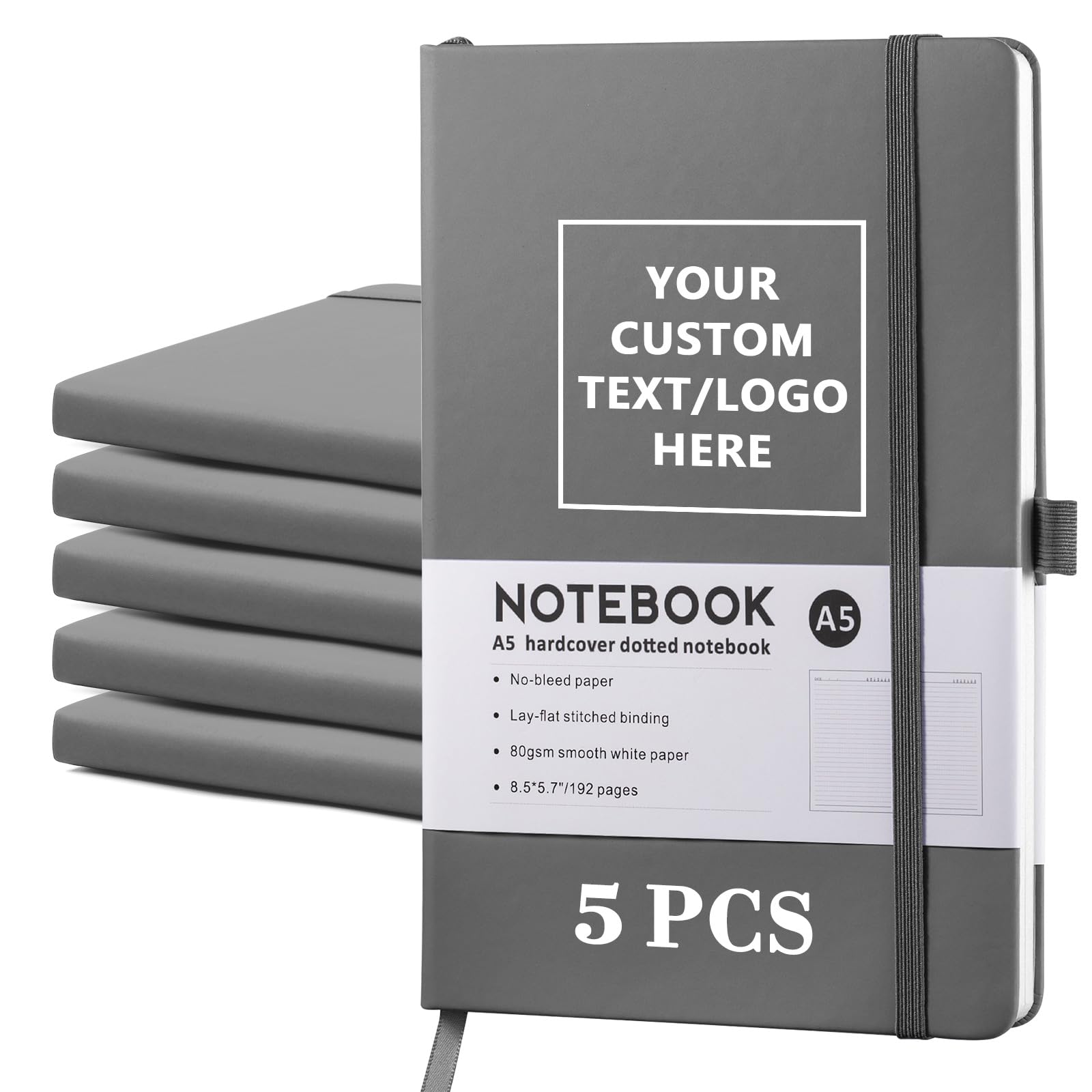 Vebermo Personalized Notebook-Can Engrave Logo/Text/Image, Customizable A5 Journal Notebook Daily Journals For Writing-192 Lined Pages 8.5 x 5.71 Inch,Grey,5 pcs โ image 1