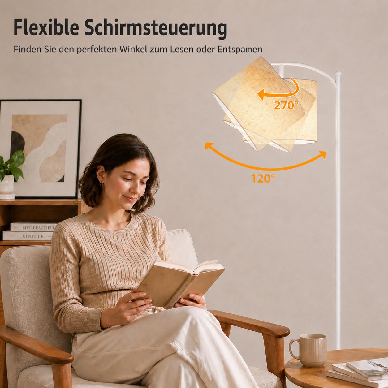 Torkase LED Bogenlampe Wohnzimmer, Dimmbare Stehlampe mit Stoffschirm, Retro Stehleuchte 2700K-6500K, 4 Farbtemperaturen & 10%-100% Helligkeit, Leselampe mit Pedalschalter Weiß