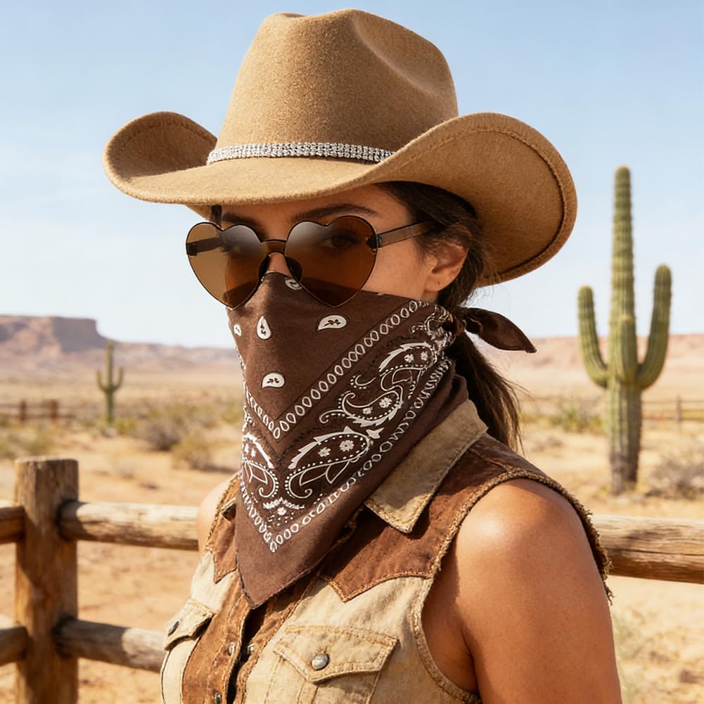FCXVXCL Sombrero Vaquera 3 Piezas Sombrero de Vaquero Accesorios Sombreros Vaquero del Oeste Traje Sombreros Vaquera con Pañuelo Cuadrado y Gafas para Disfraz Vacaciones Fiesta — view 7