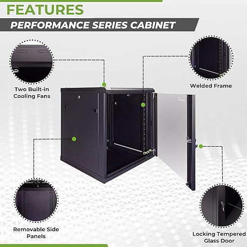 Miniatura 2 de NavePoint Gabinete de 12U para montaje en pared, incluye 2 ventiladores, puerta de cristal con bloqueo, paneles laterales extraíbles, gabinete de