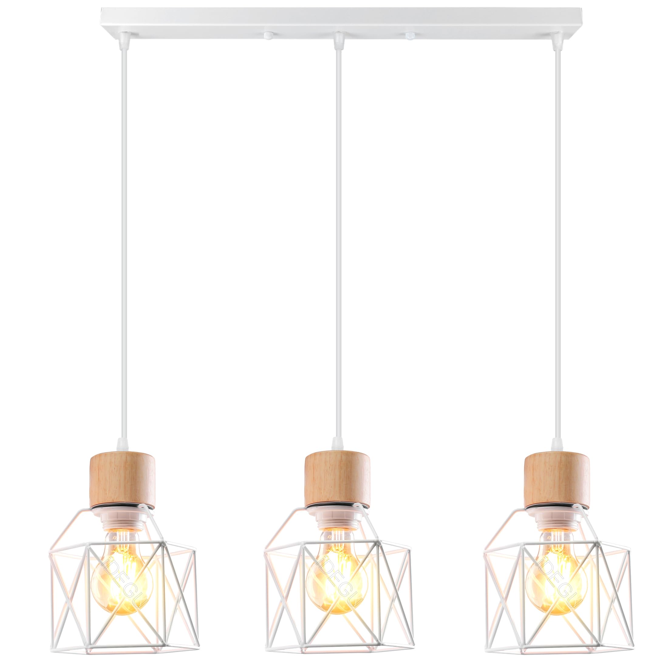iDEGU 3 Luci Lampadario a Sospensione Vintage E27 Plafoniera Industriale in Legno Metallo Gabbia Lampada da Soffitto Retrò Lampade a Sospensione per Cucina Salotto Cameretta (Bianco, Legno, Barra)