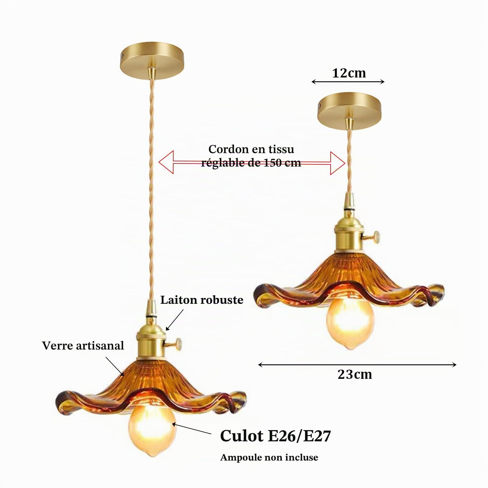 Suspension avec abat-jour en verre en forme de feuille de lotus, style industriel vintage E27, lampe suspendue de plafond, ferme, salle à manger, îlot de cuisine, lustre (Ambre)
