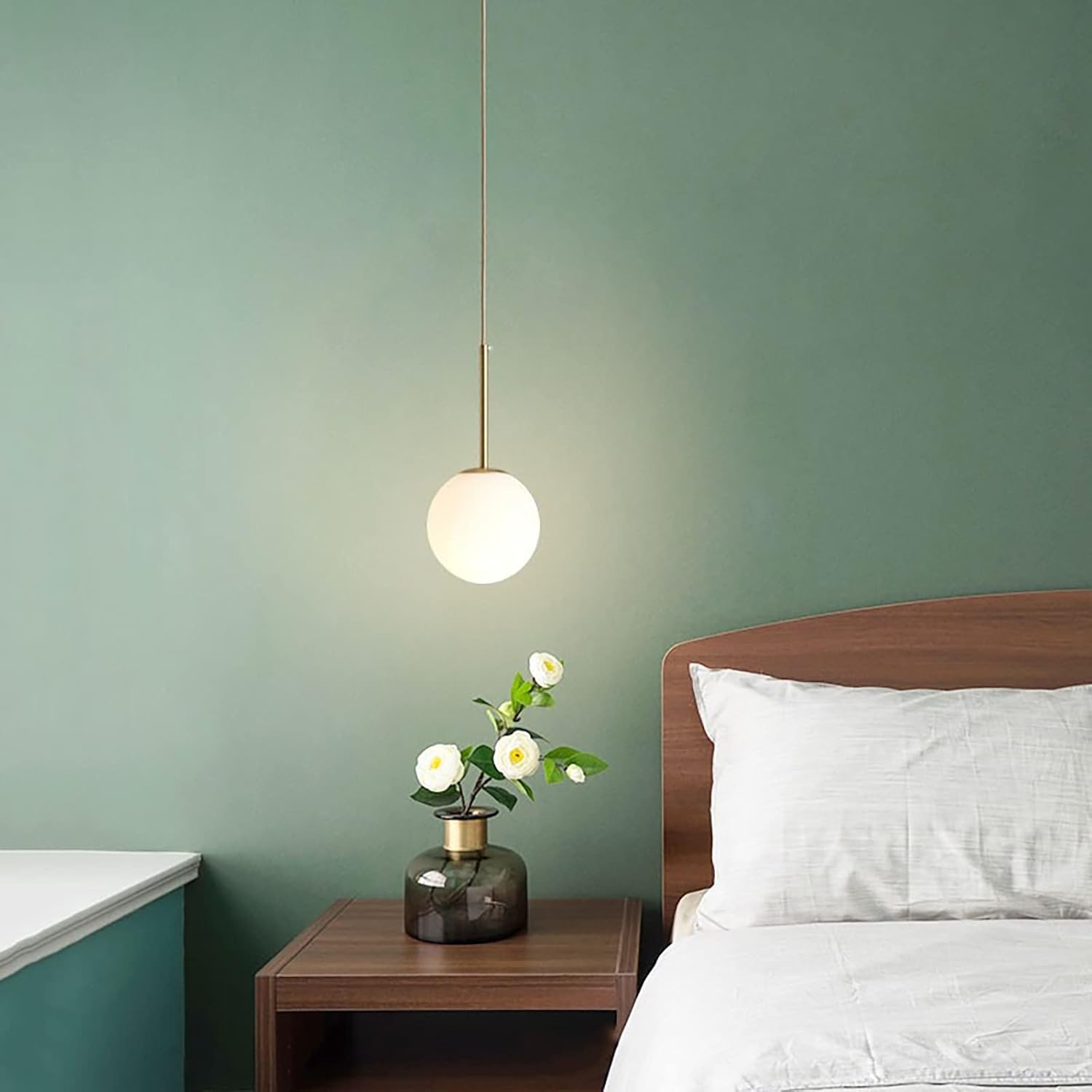 Mini Milk White Glass Globe Pendant Light Fixtures Gold Brass Finish with Gold Cable E26 5.9 Inches Glass Ball Farmhouse Pendant Ceiling Lamp (1 Light)