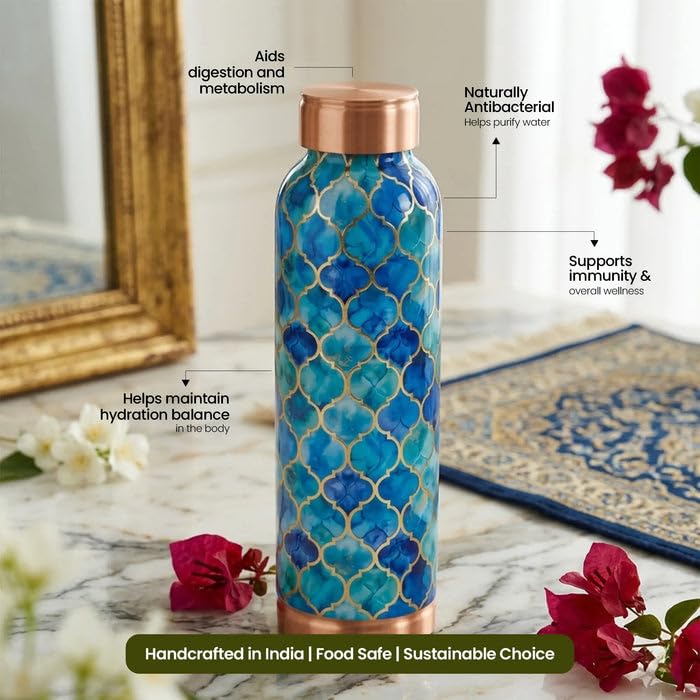 Image of DI: Decorative India 100% Pure Copper Water Bottle | Leak Proof, Durable & Rust Proof | Non-Toxic & BPA Free Bottles | Eco Friendly Water Bottle (900 ml) Royal Blue