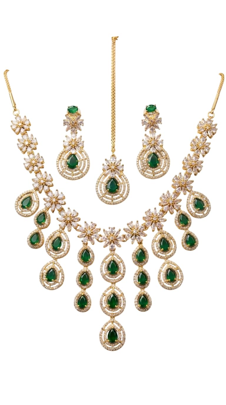 American Diamond Designer Necklace Set Emerald Green Gold-picture-20
