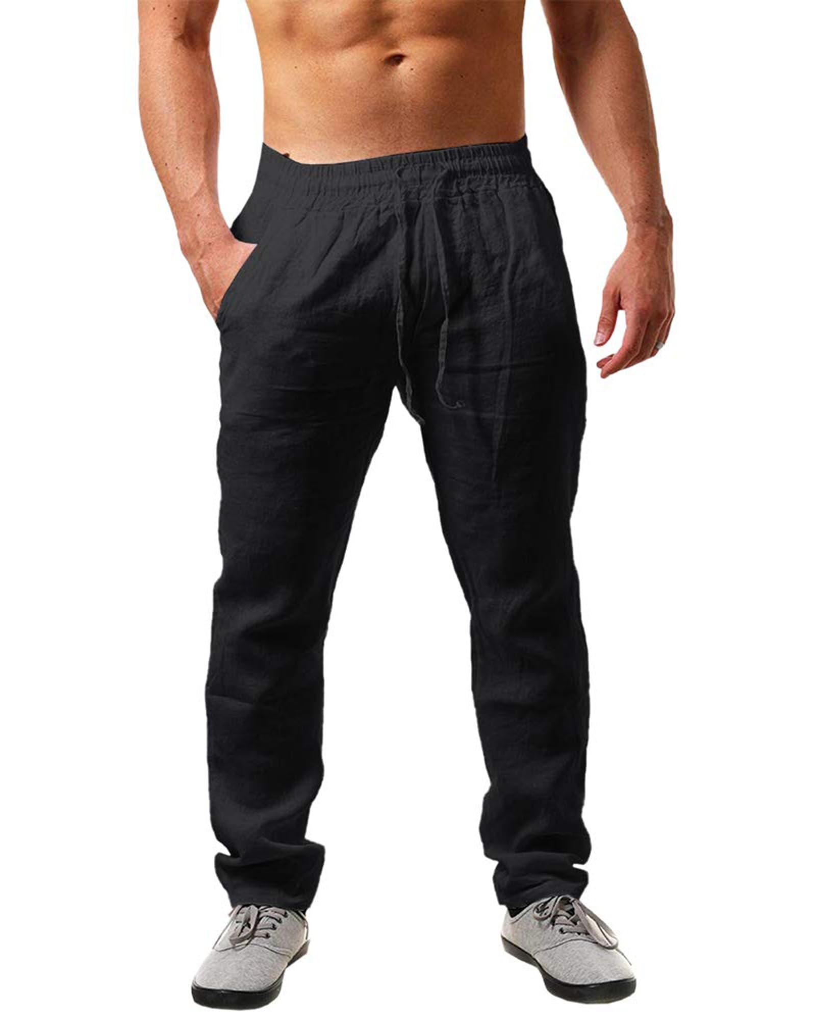 NEMXCE Leinenhose Herren Lang Leichte Sommerhose Herren Loose Fit Freizeithose mit Taschen Kordelzug für Urlaub Strand Yoga Alltag