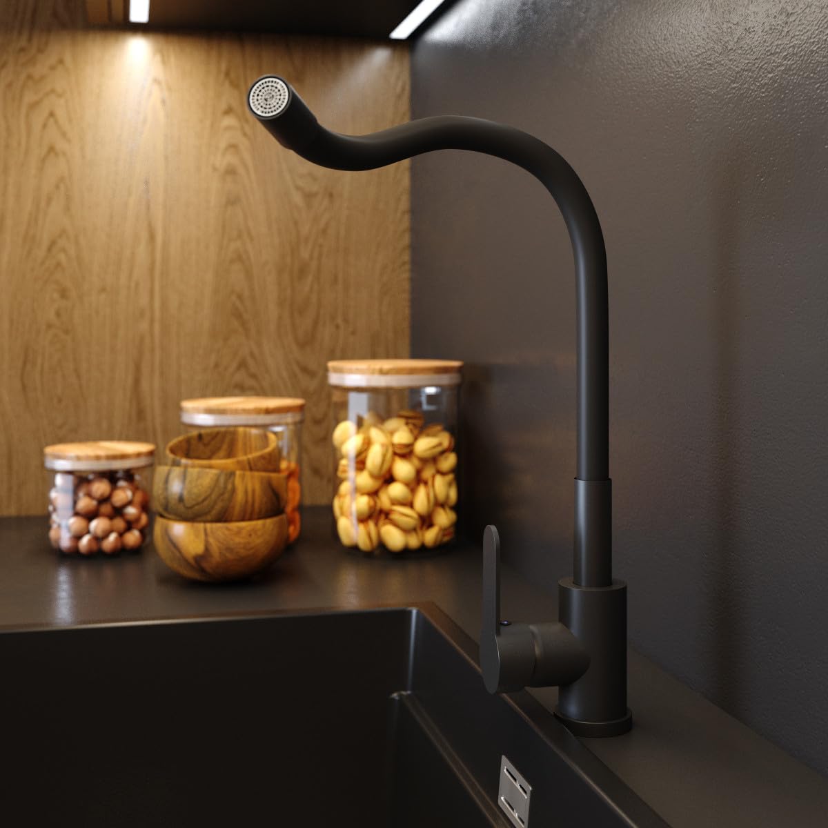 Lavabo Universel avec Siphon et Robinet de Lavabo Flex - 50x34x31 cm - Évier Exterieur pour Garage et Cave - Montage Mural - Noir - Granitan