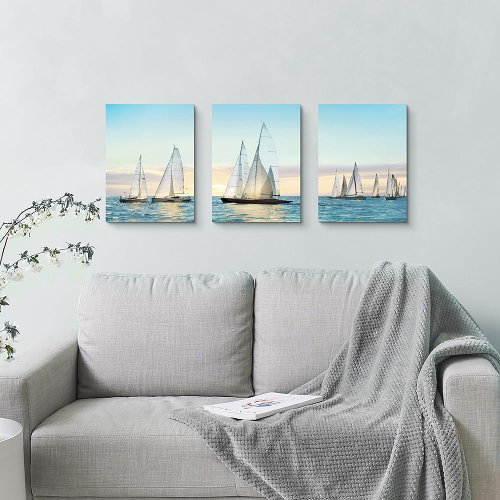 Hardy Gallery Arte de pared de velero, imágenes costeras: decoración de pared náutica, arte de vela, impresión de océano azul en lienzo para baño, 12 x 16 pulgadas x 3 paneles