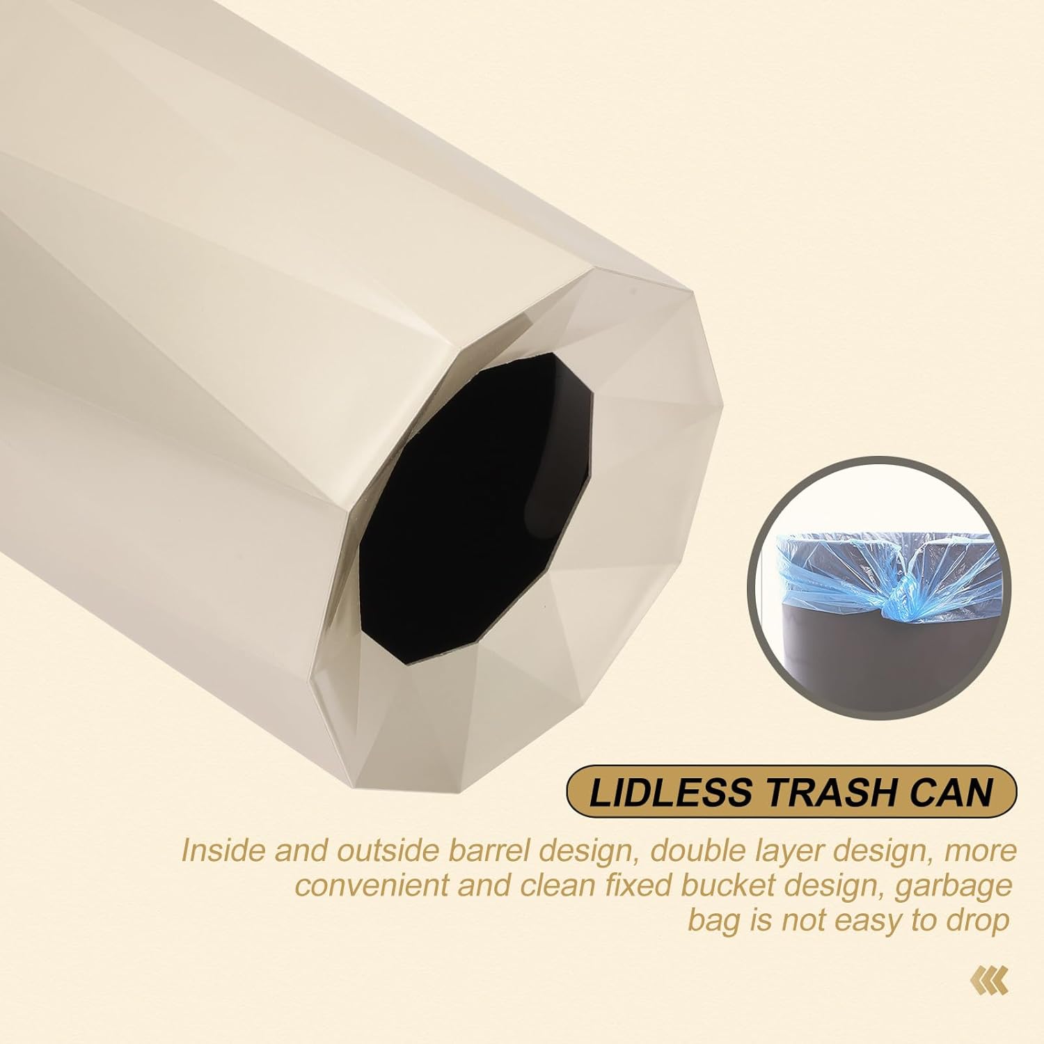 Open Top Trash Can Small Gold Waste Storage Bin Round Ash-bin for Bedroom Office Bathroom, Plastic Waste Container Without Lid for Home Organization