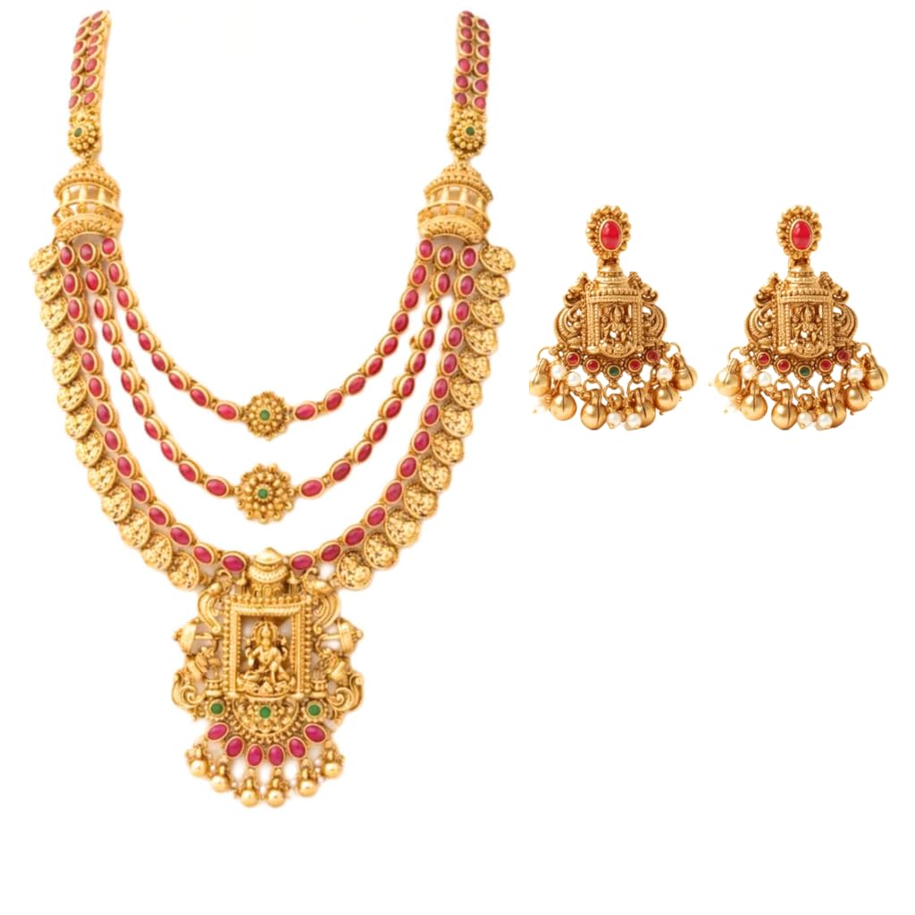 Traditional Temple Jewellery Long Haram Necklace Set for Women | Lakshmi Pendant Gold Plated Bridal Jewellery | South Indian Wedding Layered Ruby Stone Necklace with Jhumka Earrings-image-14