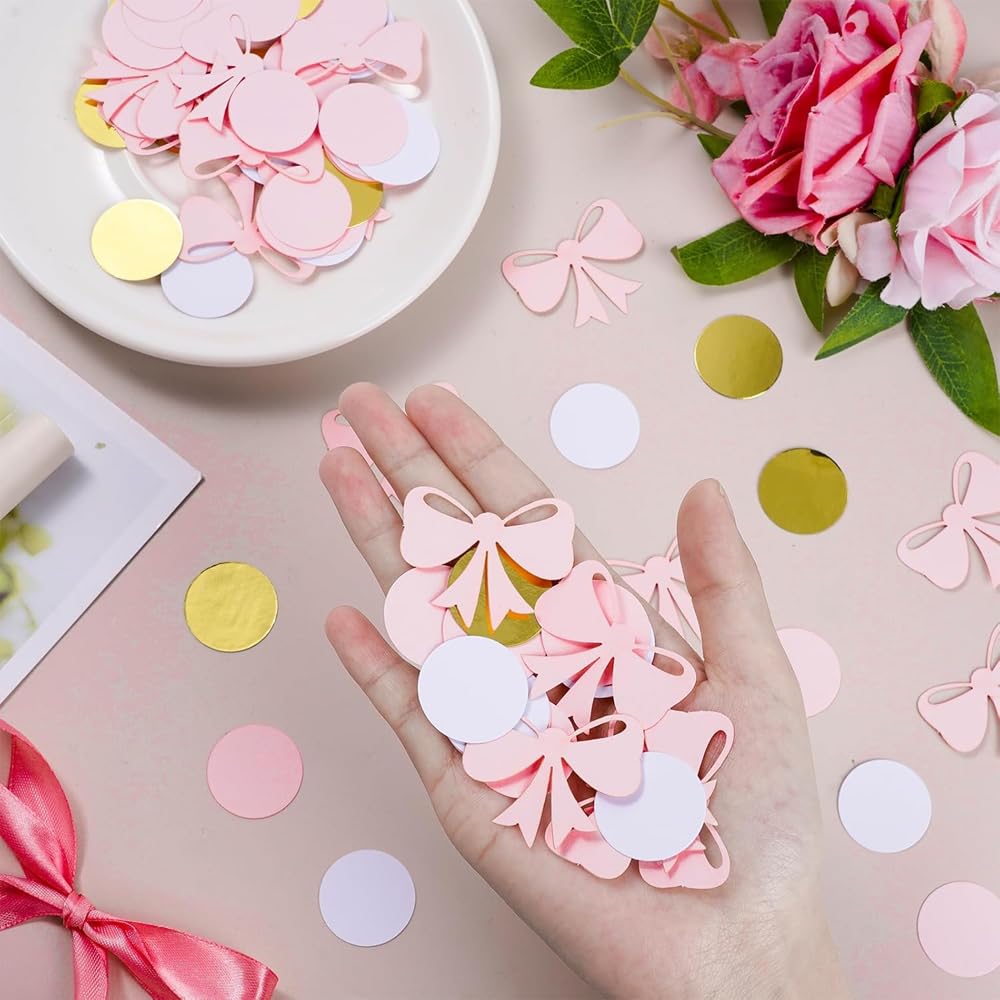 FONGKNOX 100 sztuk papierowych konfetti, ró?owe motyle, konfetti sto?owe, okr?g?e, kropki, konfetti urodzinowe, ró?owe z?oto, bibu?ka, konfetti sto?owe, na baby shower, wesele, dekoracja