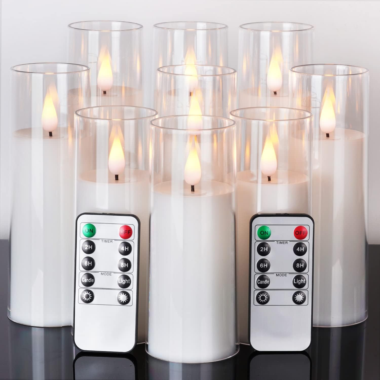Amagic Pure White Flameless Candles, Battery Operated Candles, Acrylic Flickering LED Pillar Candles with Remote Control and Timer, 3D Wick, Yellow and Blue Glow, D2.2 xH5 6" 7", Set of 9 Pure White, Yellow&Blue Glow