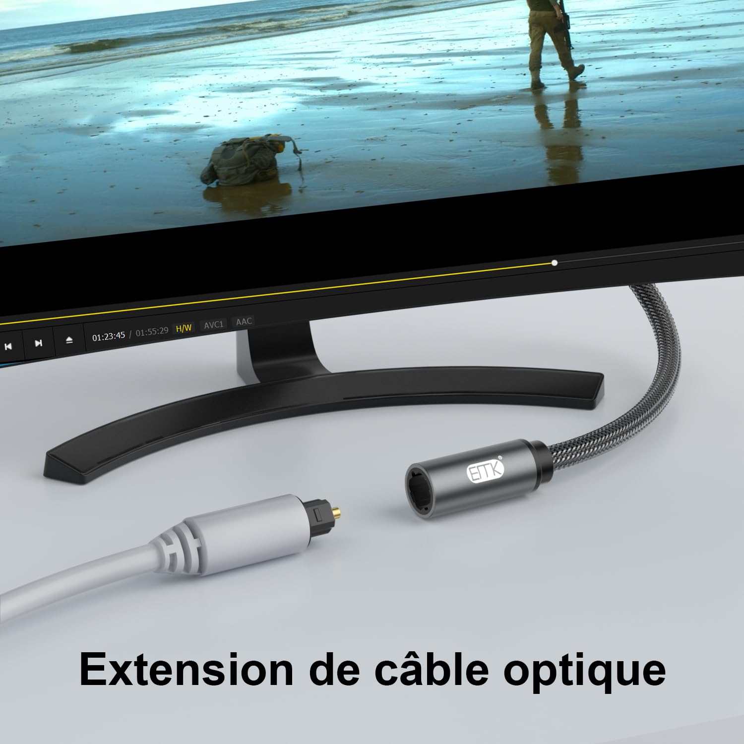 EMK Przedłużenie kabla optycznego, optyczny kabel audio Toslink żeński na męski przedłużony kabel audio (1,5 m, szare rozszerzenie optyczne)