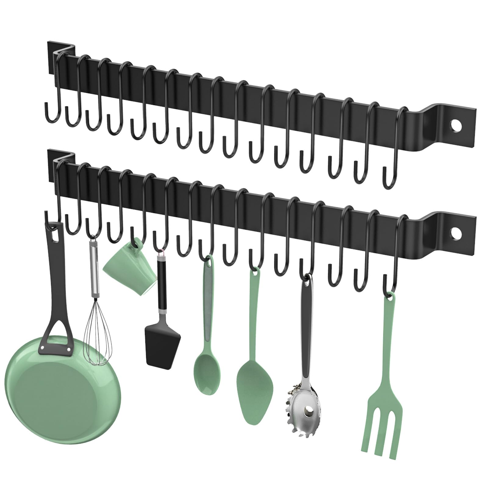 Housolution 2 Pack Kitchen Rail with 15 Hooks, 16 Inch Wall Mounted Hanging Utensil Rack Hanger for Kitchen