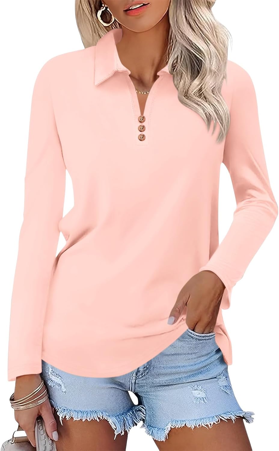 Women’s Long Sleeve Tops V Neck Button Polo Shirts Casual Basic Tees Blouse
