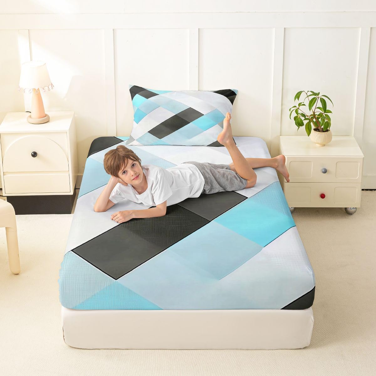 jejeloiu Blue White Bed Sheets Set Twin Size Modern Abstract Bed Set for Kids Boys Girls Geometric Aesthetic Deep Pocket Fitted Sheet Breathable Soft Lightweight Microfiber