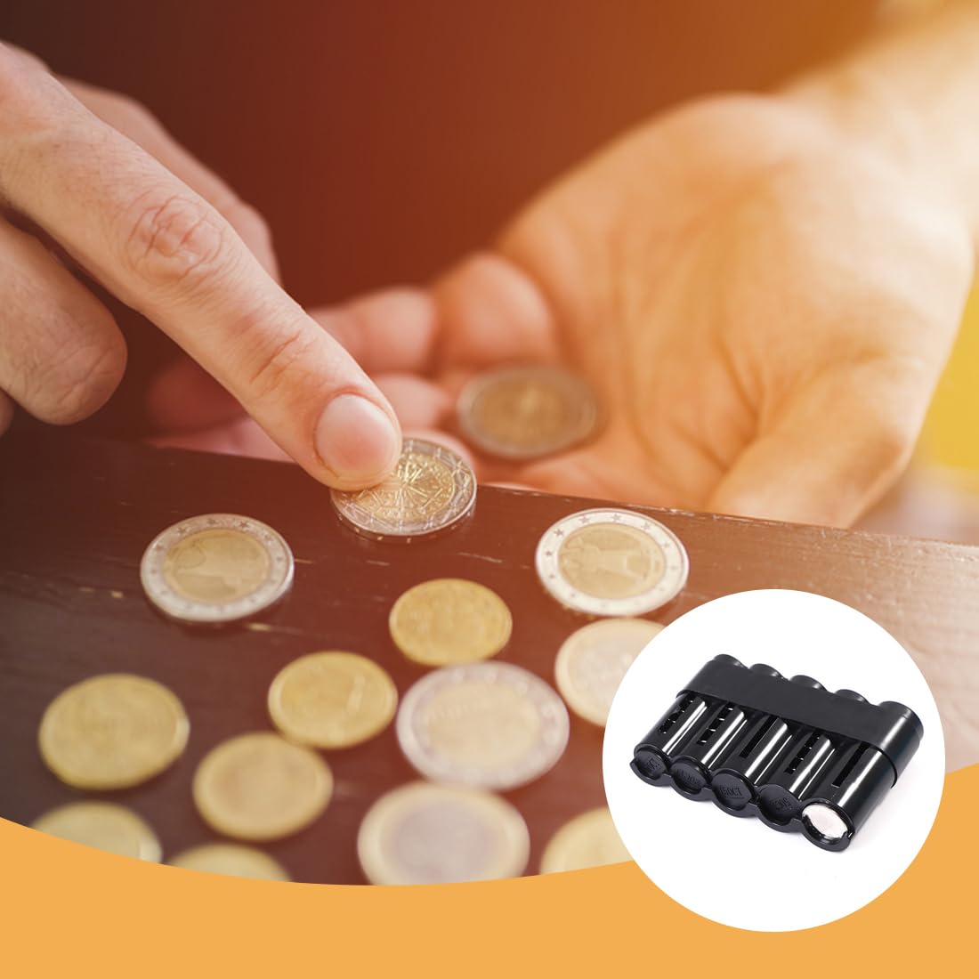 GXGM Monedero Euro,2-Piezas 5-Hoyos para Monedas,Clasificador de Monedas,Adecuado para Camareros,Conductores,Vendedores (Negro y Transparente)