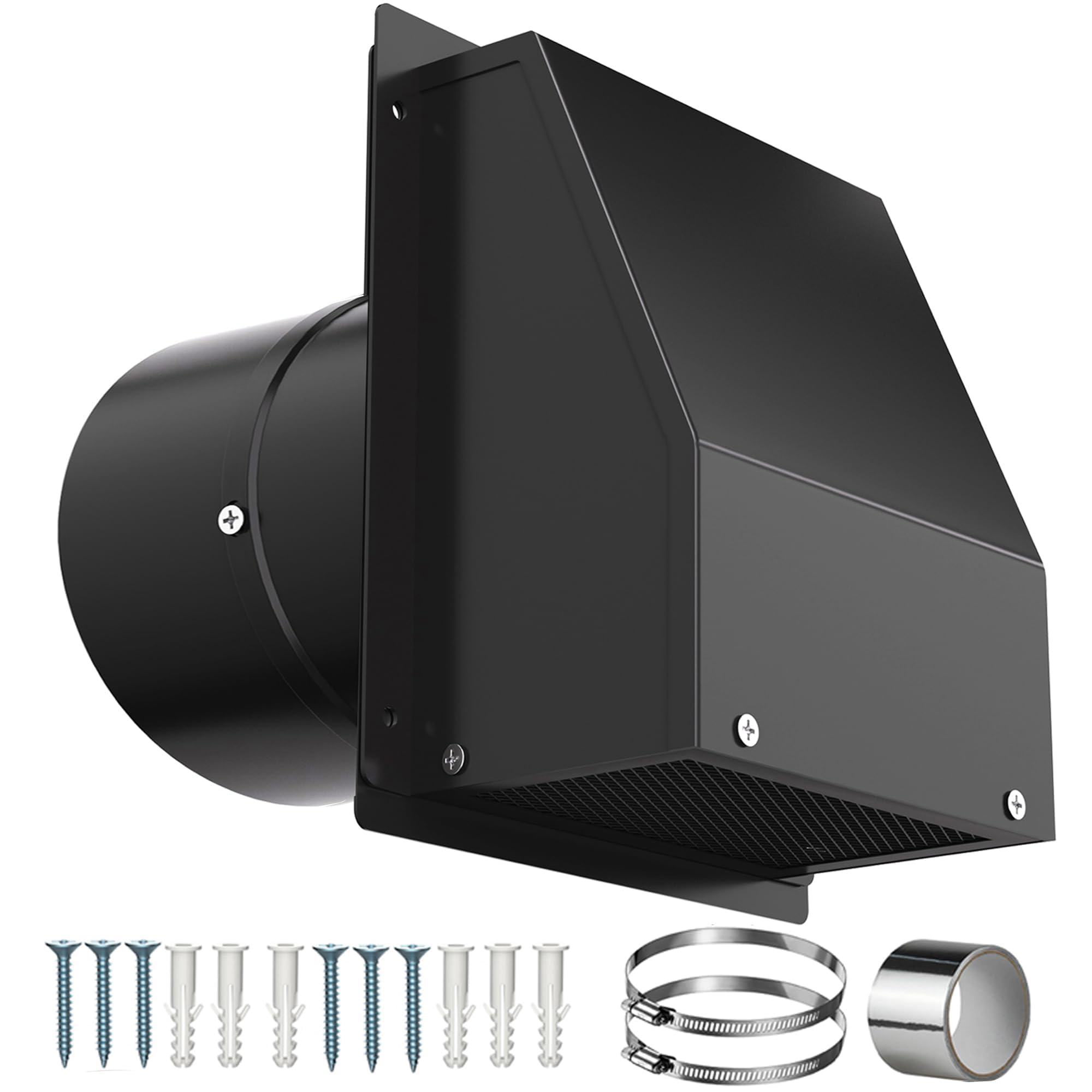 8 Inch Wall Vent with Screen and Damper, Galvanized Steel Hooded Wall Vent Cover with Hose Clamps Aluminum Foil Tape Screws Black Metal Exhaust Duct Cap Kit for Outdoor Kitchen Range Hood Bathroom-image-20
