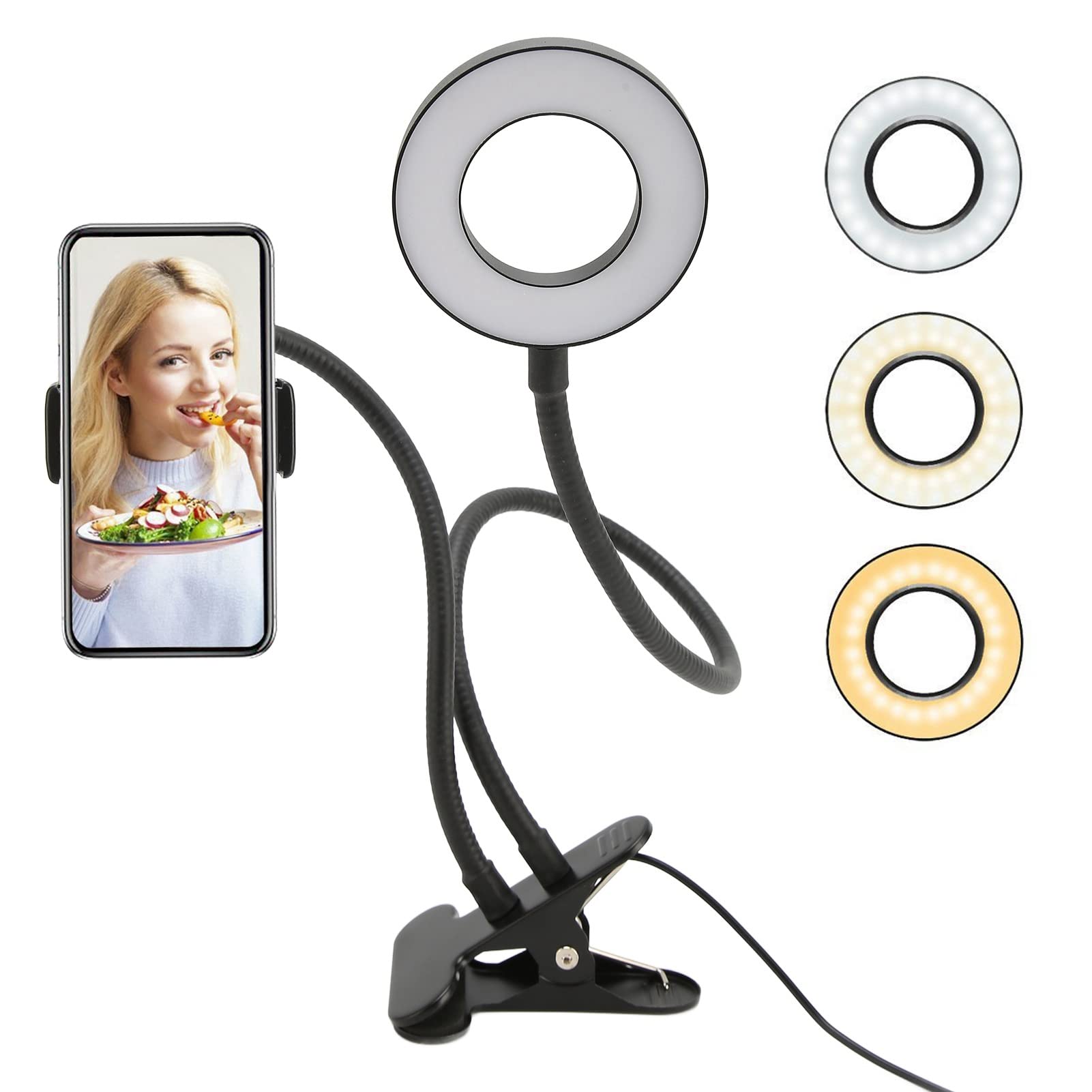 BEIJIALY Selfie Ring Light, 10 Levels Brightness 3 Light Colors 360° Flexible Gooseneck LED Desk Lamp 5000K LED Camera Ring Light for Salon Make Up(Black)
