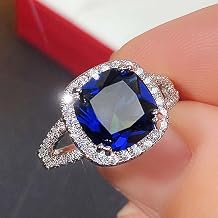 925 Sterling Silver Engagement Rings for Women Perfect Princess Cut Blue Sapphire Cubic Zirconia Crystal Diamond Wedding Band Curved Halo Promise Rings for Women Girls 9