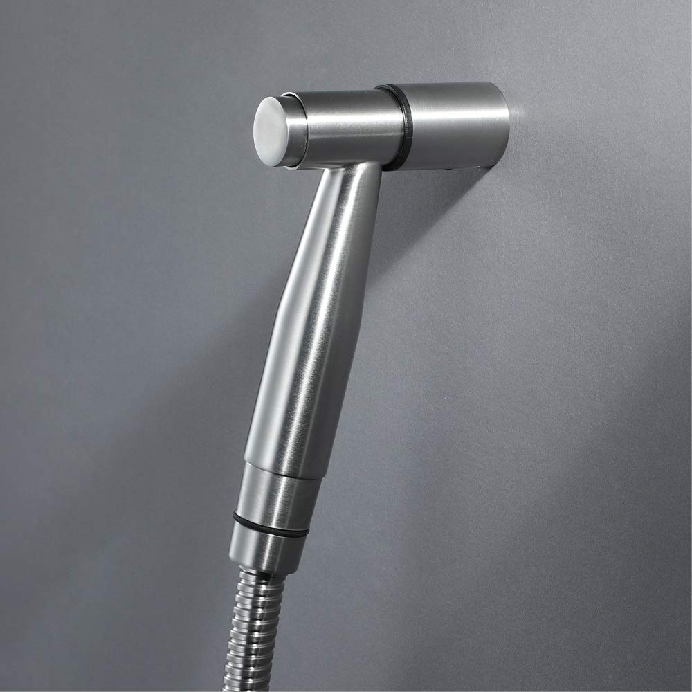 Rubinetto Bidet Portatile in Acciaio Inox, Doccia a Getto, spruzzatore per WC, Tubo Flessibile con Base.