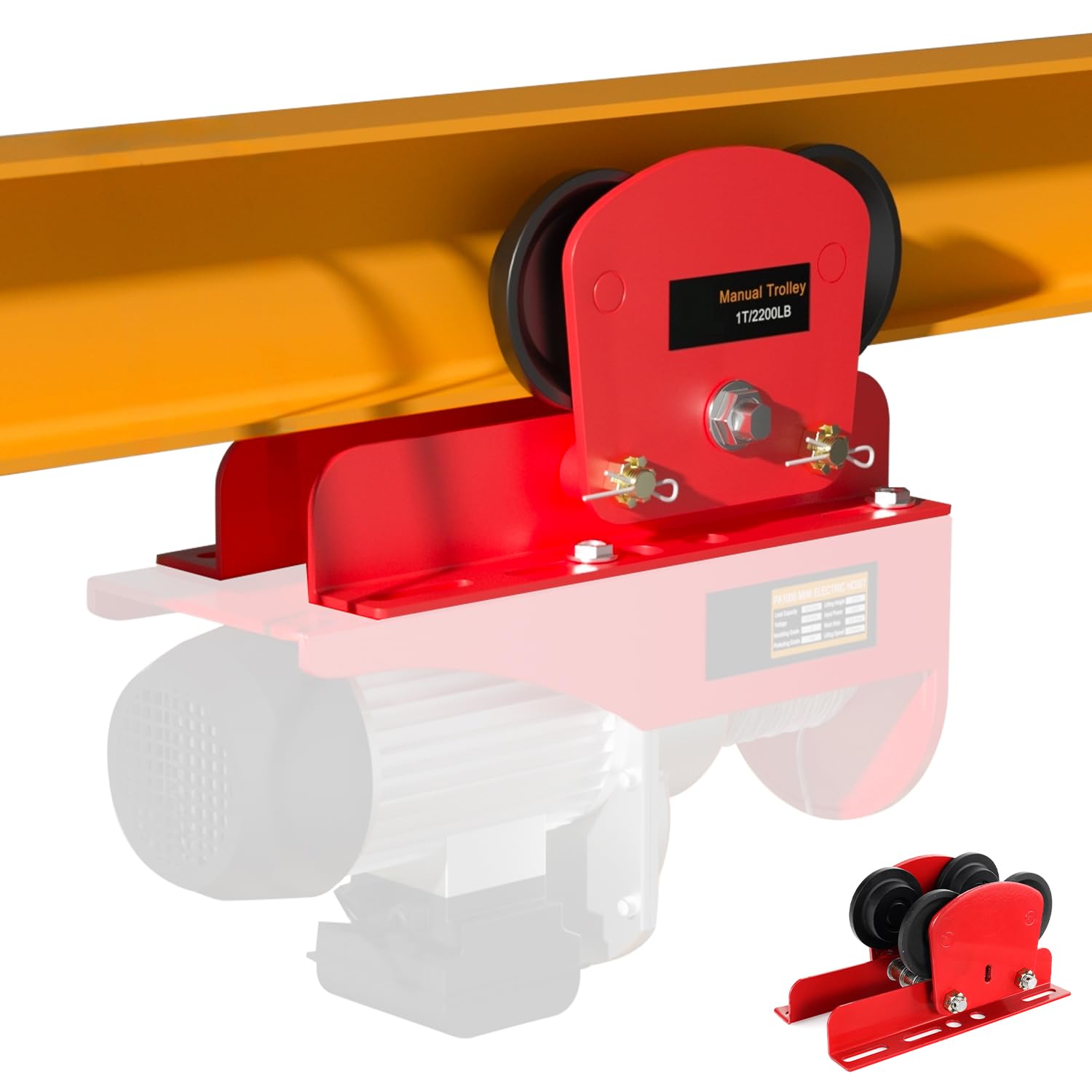 Elektrischer Hebezeug, manueller Rollwagen, 1 Tonne, strapazierfähig, 1000 kg Tragkraft, für PA600 bis PA1000 Hebezeug, Schubgetriebe, Doppelräder, I Balkenwagen, 6,8 cm – 11 cm, verstellbarer