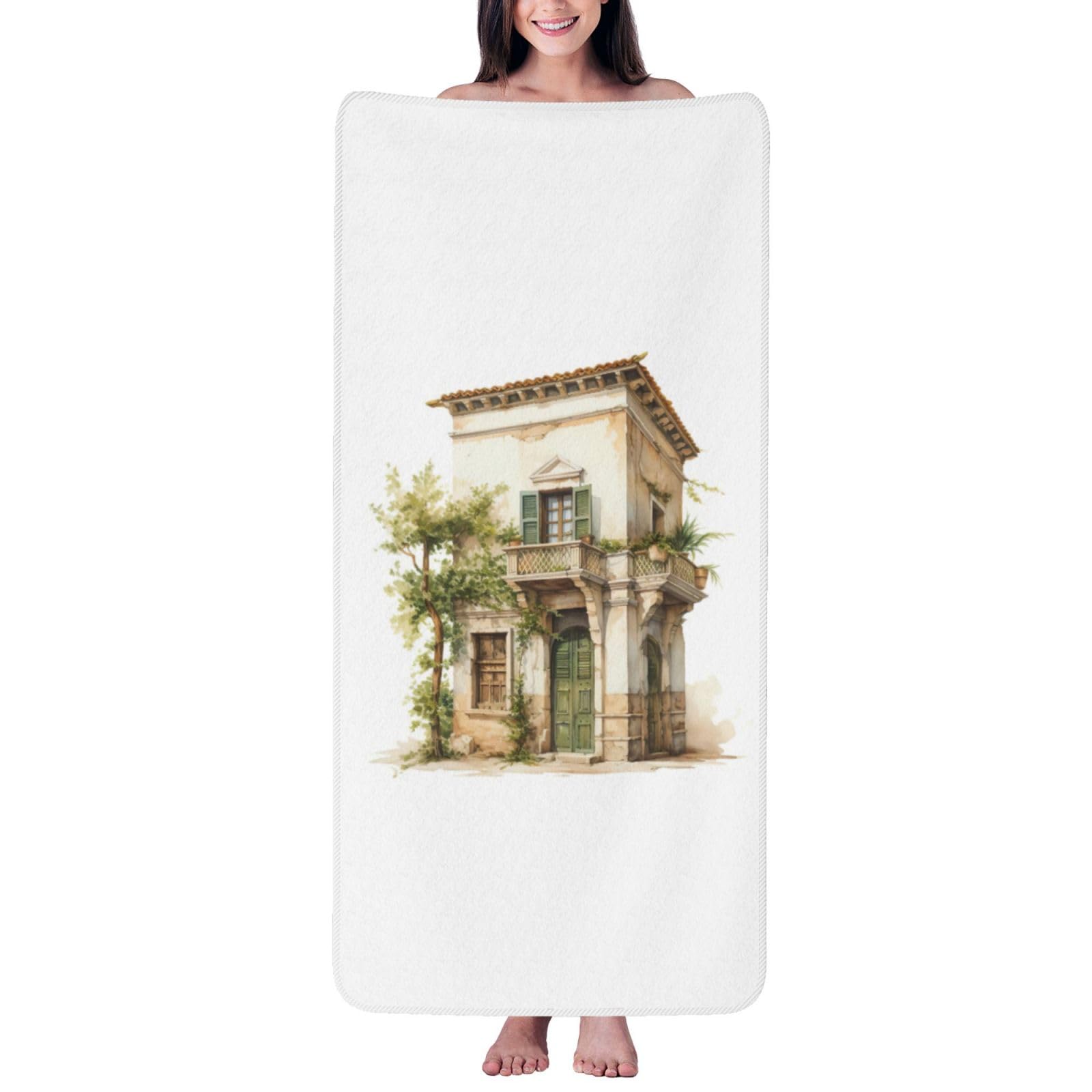 Ztpowqa Women's White Antique Building With Roman Olive Branch And Greek Print Coral Velvet Bath Towel For Home Gym Lounging Bathroom Spa Hotel Beach Travel