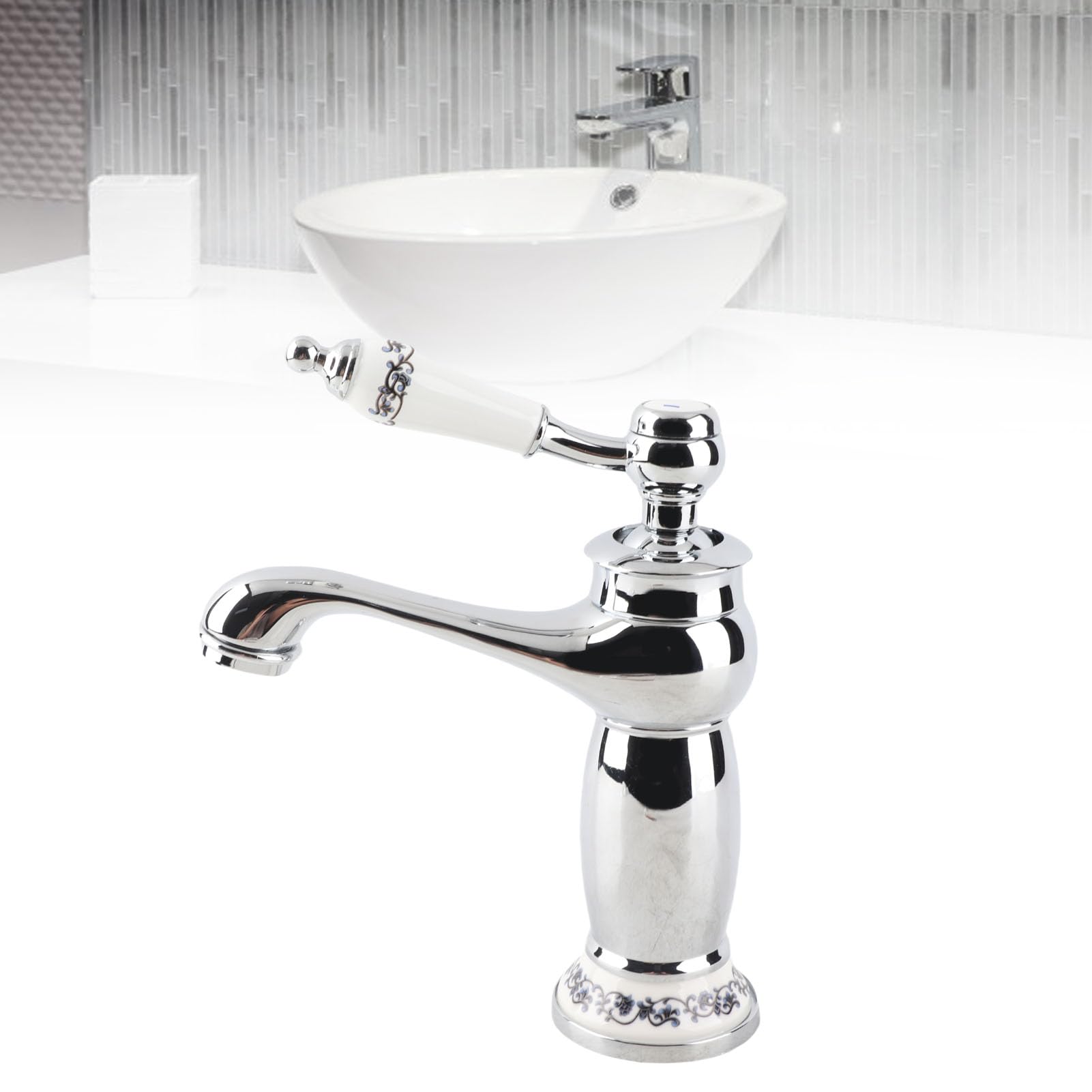 Rubinetto Miscelatore Monocomando Vintage per Lavabo Bagno con Design Floreale Cromato Acqua Calda Fredda