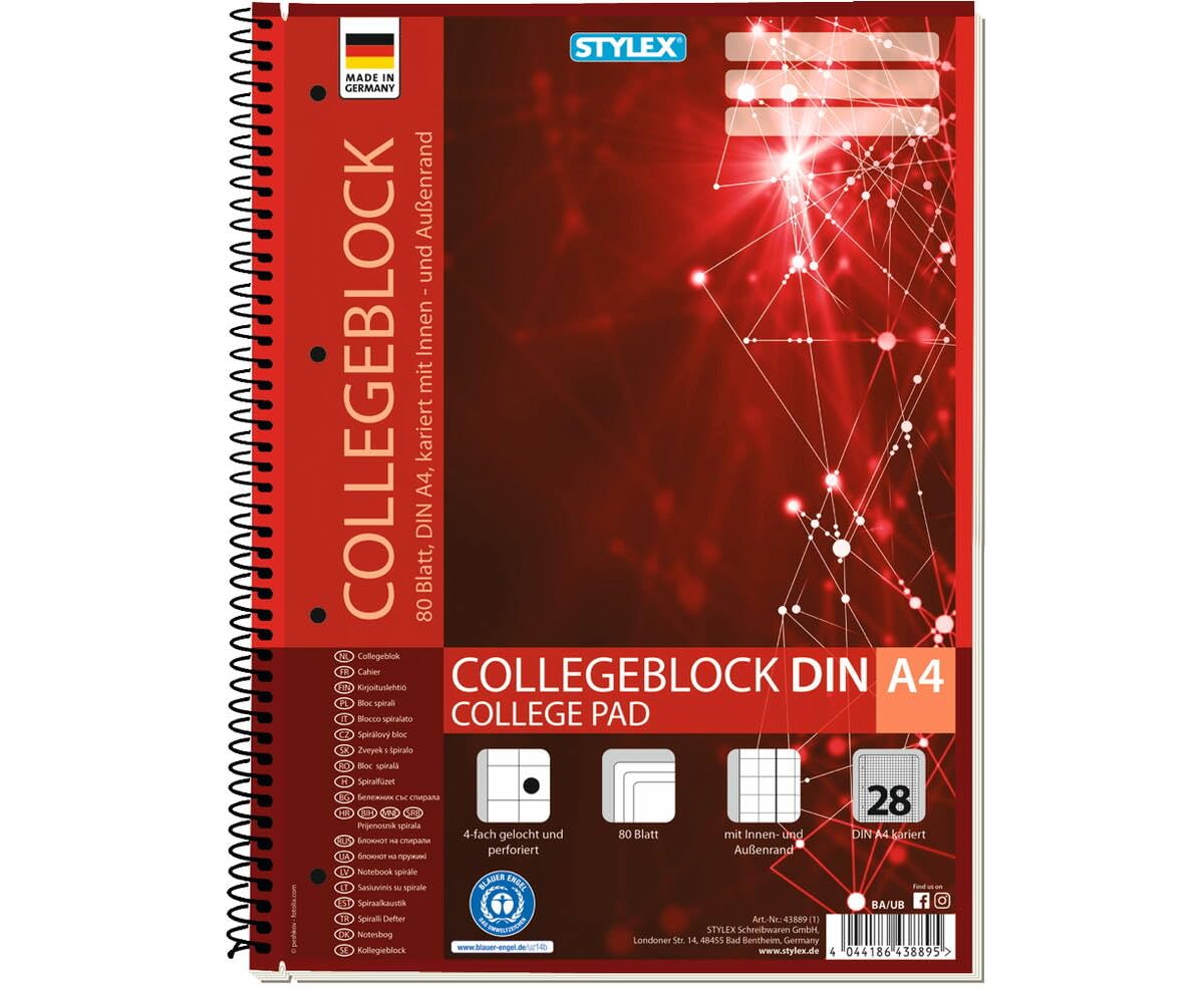 Stylex 43889-P30 - Collegeblock kariert, 30 Stück in DIN A4, je 80 Blatt mit 60 g/m² mit Spiralbindung