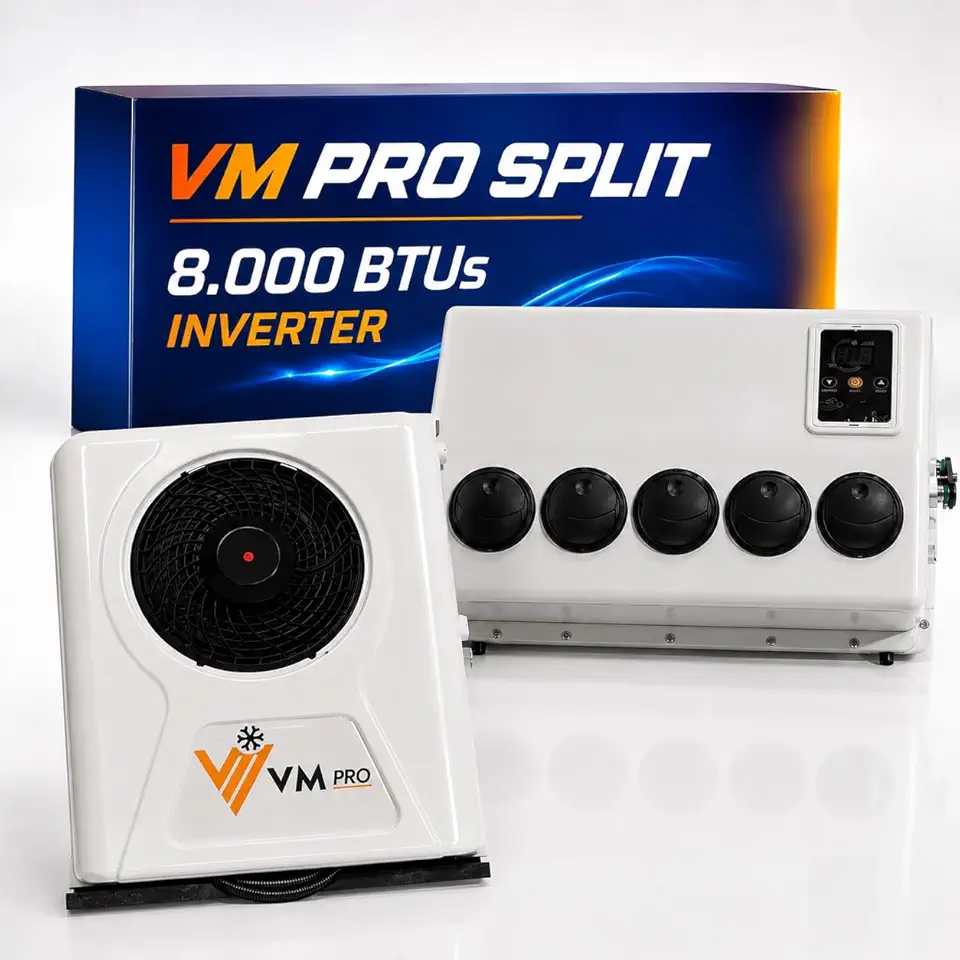 Ar Condicionado 100% Elétrico 24V Split Desmembrado VMPro Mini 8.000 BTUs Inverter para Caminhão sem Escotilha, Motorhome, Instalação Flexível e Alta Performance