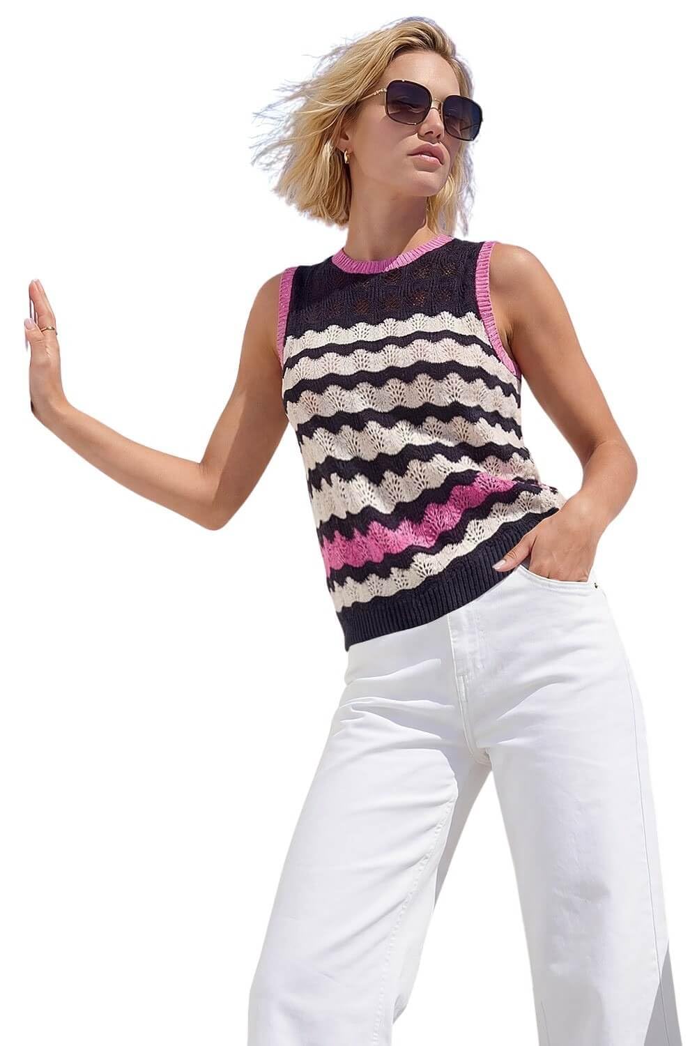 Roman Petite Stripe Knitted Vest for Women UK - Ladies Everyday Holiday Spring Summer Round Neckline Comfy Soft Evening Vacation Work Party - Navy Wave - Size 14