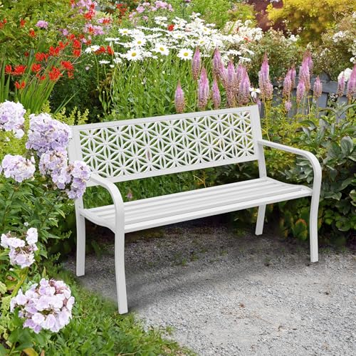 Image of VINGLI 50 inch Outdoor Bench Metal with Floral Back, Garden Bench Front Porch Bench for Yard Patio Entryway Park Outside, 800lb Capacity - White