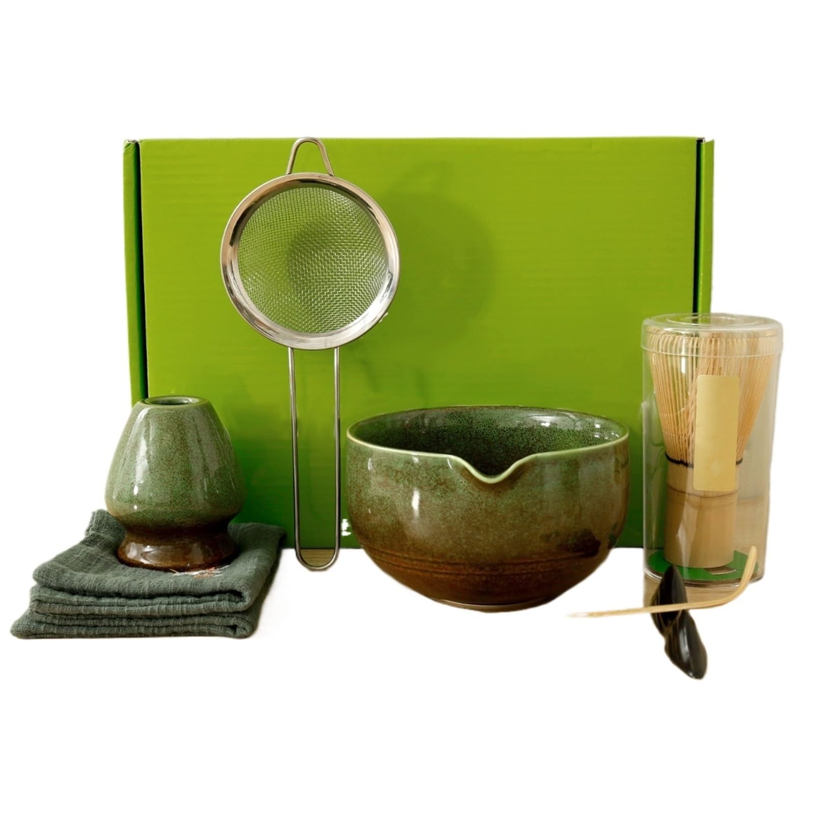 Service À Thé Matcha 7 Pièces, Bol Rond Émaillé Transformé Au Four, Avec Bol, Fouet, Cuillère Et Tamis, Adapté Aux Amateurs De Matcha Kit Thé Matcha(Matcha Green 7 pcs)