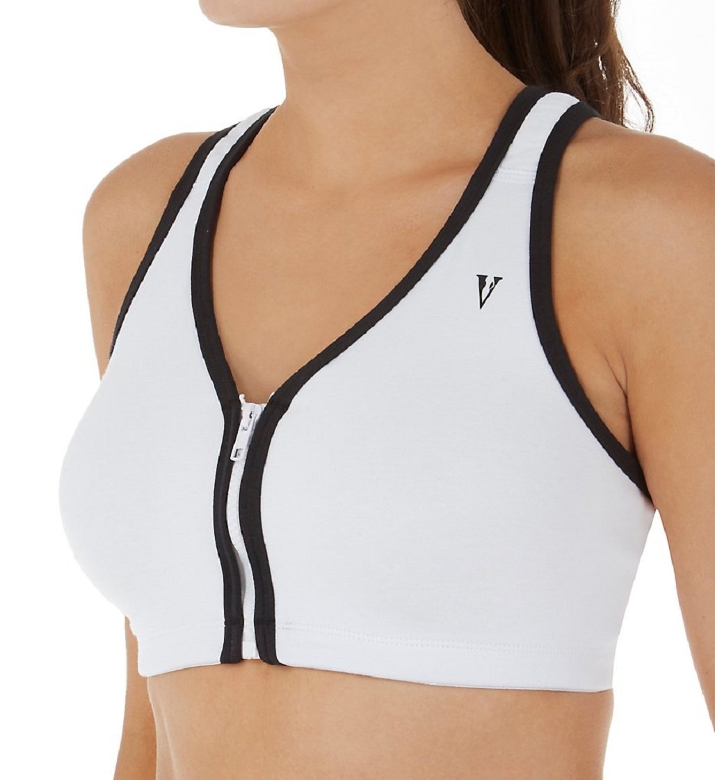 Valmont Women's Color Block Zip Front Sports Bra, 1611B, White/Black, 36 F/G