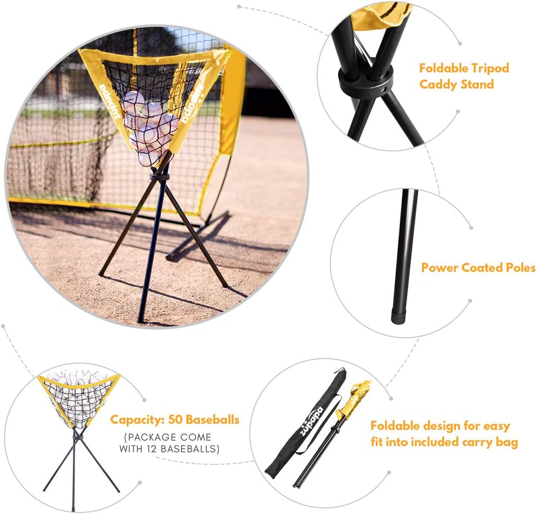 Zupapa Baseball Softball Practice Set - 7 by 7 Feet Net Tee Caddy 12 Baseballs Combo with Strike Zone, Baseball Backstop Practice Net for Batting Hitting Pitching Catching, Team Color (Yellow) : Sports & Outdoors