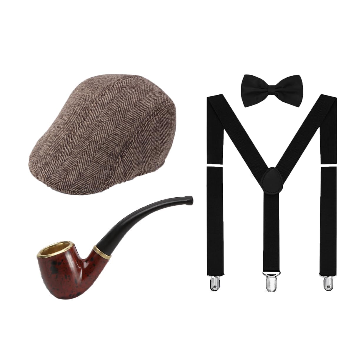 4 Pcs Mens 1920s Costume Accessories Set Gatsby Fancy Dress with Hat Beret Bow Tie with Straps and Pipe Vintage Gangster Costume Accessories (Brown)