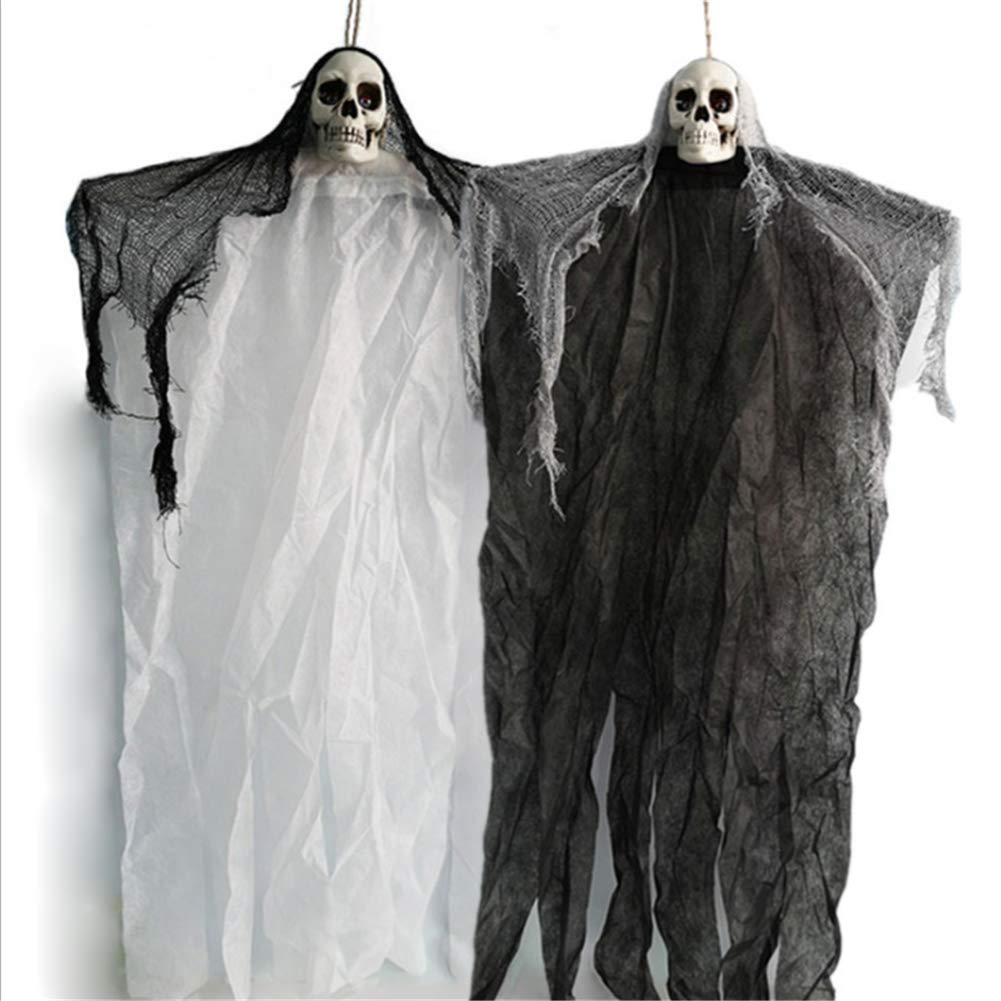 2 Squelettes Suspendus Halloween 80x75cm - Fantômes Avec Chaînes, Blanc & Noir - Décoration Effrayante Maison/jardin - 8
