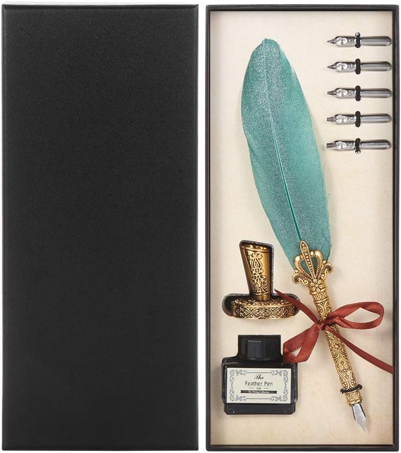 THECLOUDMALL® Vintage Carving Feather Pen Set || Feather Pen Ink Set || Calligraphy Pen Set Fountain Dip Pen and Ink Set || Antique Calligraphy Writing Dip Pen with Ink (Green)