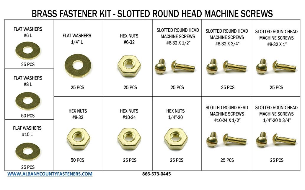 Brass Slotted Round Head Machine Screw Kit with Nuts & Washers #6-32 Though 1/4