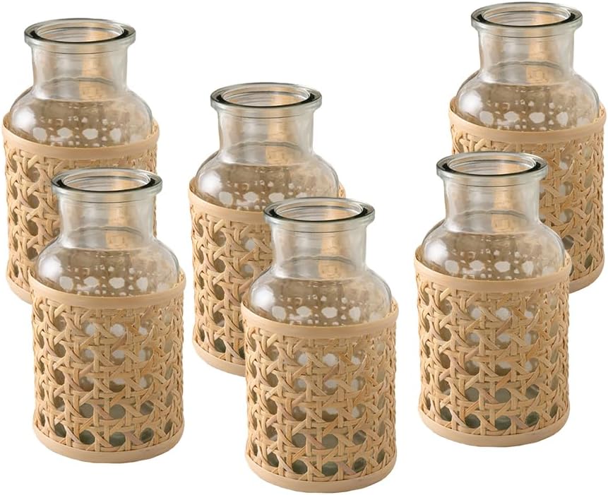 Serene Spaces Livng Cottage Cane Wrapped Glass Vase, Mini Vase for Boho, Coastal, and Farmhouse Decor, Single Stem Flower Holder for Tabletop & Shelf Styling, 2.7" Diameter & 5" Tall, Pack of 6