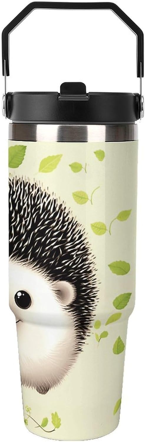 Cute Hedgehog Water Bottle 30 Oz Fits Car Cup Holder,Insulated Coffee Mug Large Capacity Car Cups,Stainless Steel Double Wall Sport Bottle for Travel Sports Gym