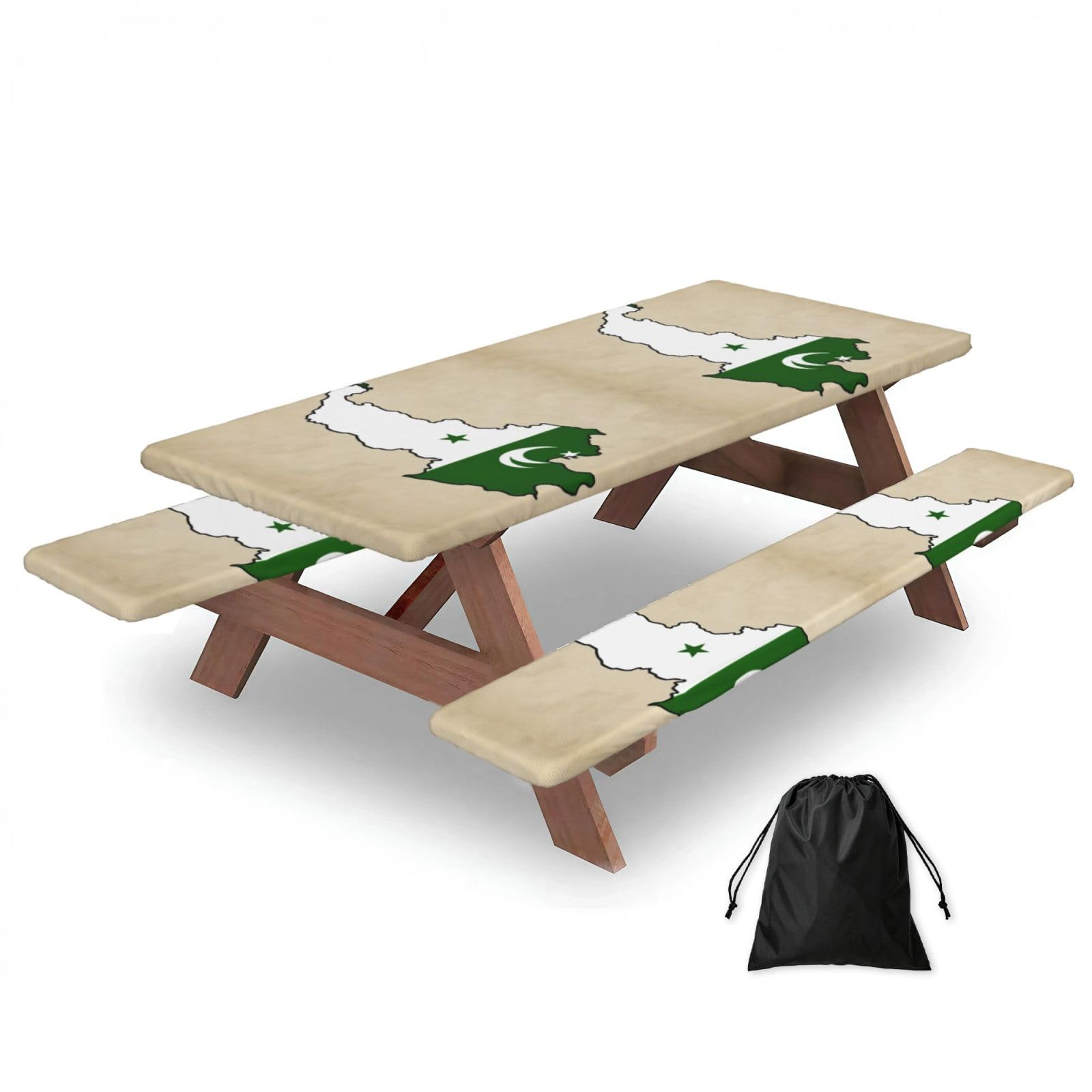 Duwaa Black Pakistan Flag Map01 Print 183Cm Picnic Table Cover With Bench Covers, Waterproof Elastic Tablecloth Set For Outdoor