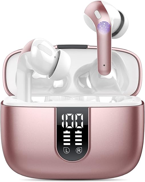 Wekily Bluetooth 5.2 Wireless Headphones, X08 Wireless Earbuds 40H Playtime with LED Power Display, Deep Bass, IPX7 Waterproof Headphones with Touch Control for Sport/Work Earphones (Pink)