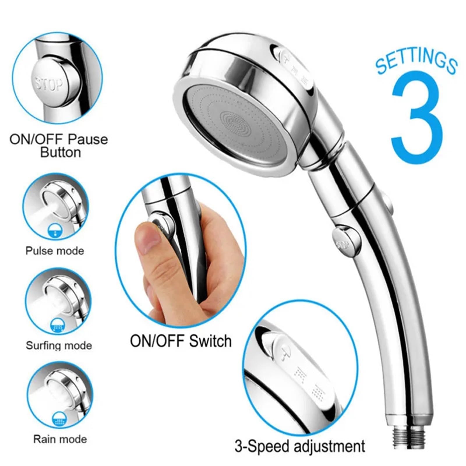 Głowica prysznicowa, Universal 3 Mode Adjustable High Pressure Rain Shower Head 2 Pcs Silver