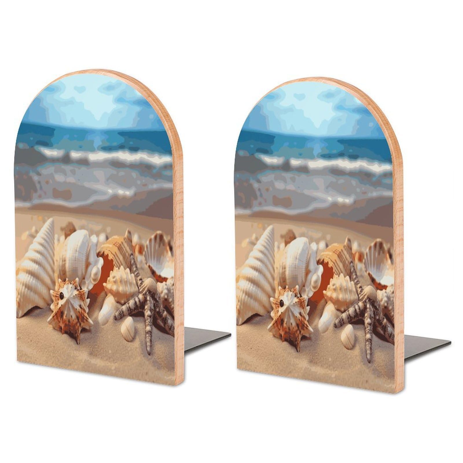Seashells on The Sandy Beach Bookend for Shelves Non-Skid Book Holder Modern Heavy Duty Bookend Stopper Metal Base Wood Book End Books Shelf Holder Home Decorative 1pair 6.7x3.9x4.7